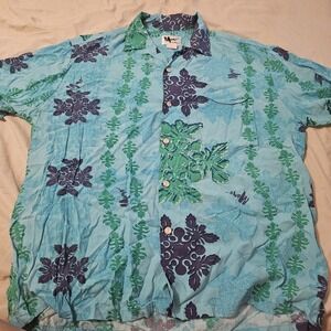 Vintage Mamo Howell Shirt Mens Large Blue Hawaiian Aloha Button Floral Island